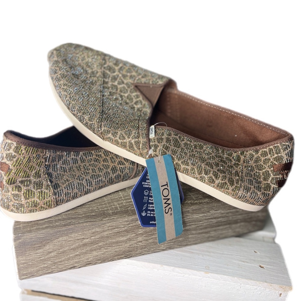 TOMS Alpargata Bronze Animal Print Glitter Flats, brand new!